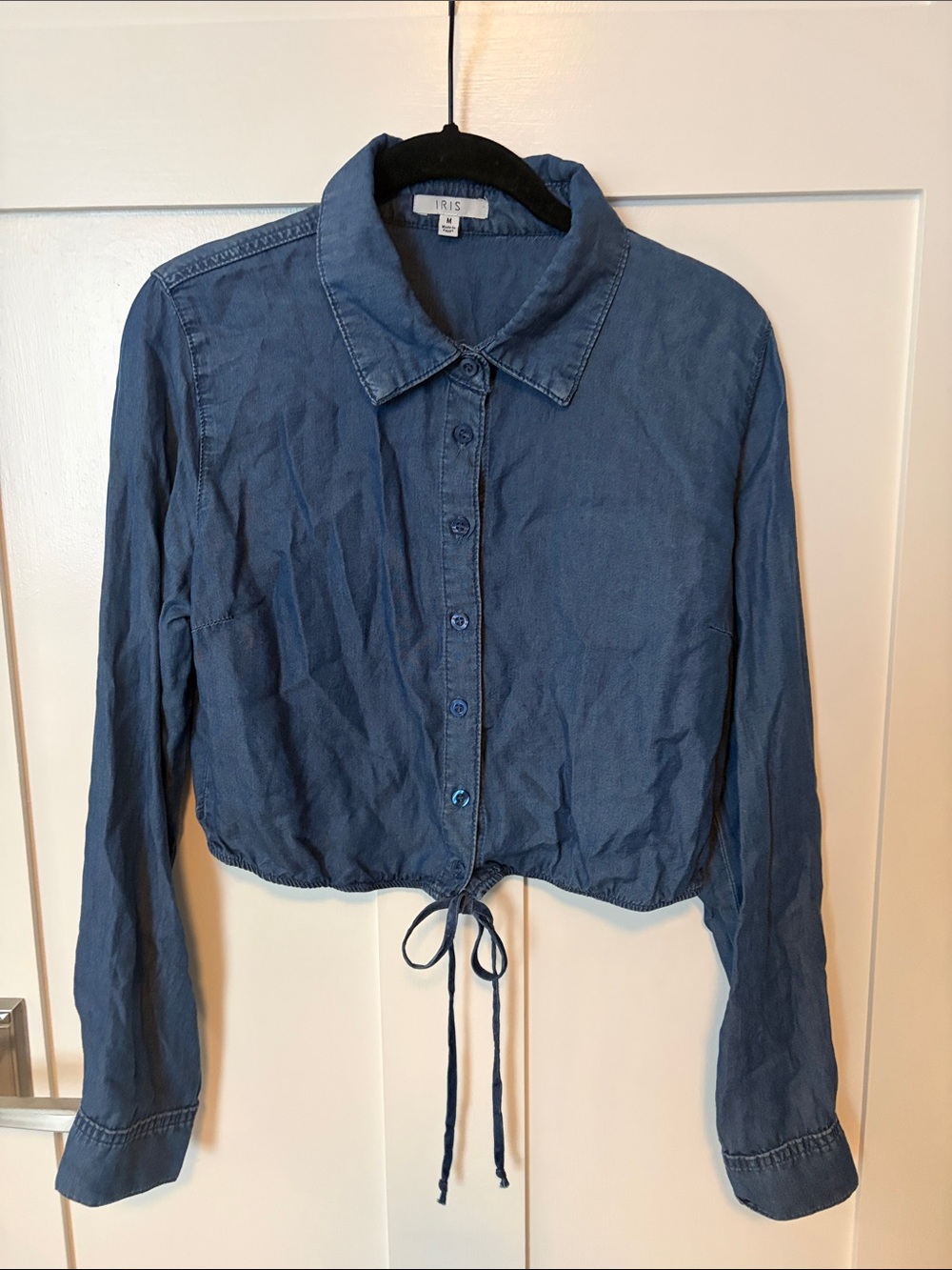 Iris Chambray Button-Front Crop Shirt with Front Tie
